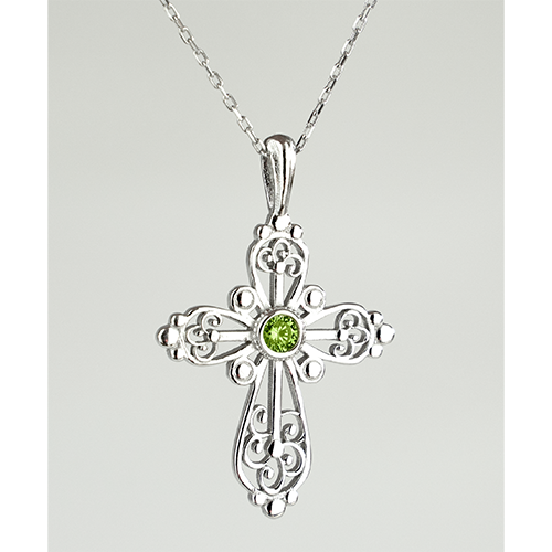Sterling Silver Filigree Birthstone Cross Necklace - August
