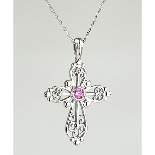 Sterling Silver Filigree Birthstone Cross Necklace - October