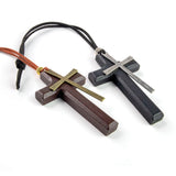 Wood and Metal Cross Car Charm - Brown and Gold