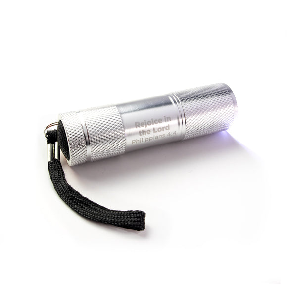 Rejoice in the Lord – Silver 9 LED Flashlight Keychain