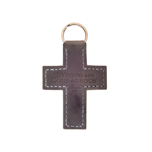 Strong and Courageous Leather Cross Keychain – Joshua 1:9