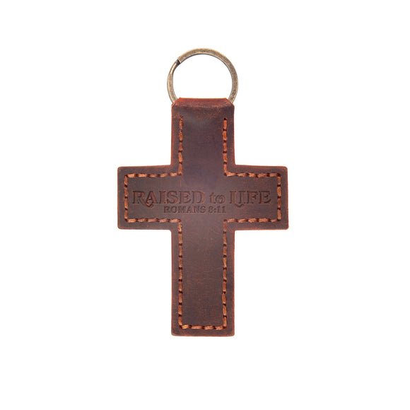 Raised to Life Leather Cross Keychain – Romans 8:11