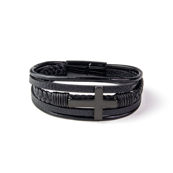 Leather Multi-Band Bracelet with Black Color Cross