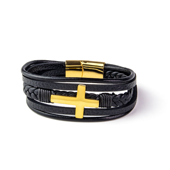 Leather Multi-Band Bracelet with Gold Color Cross