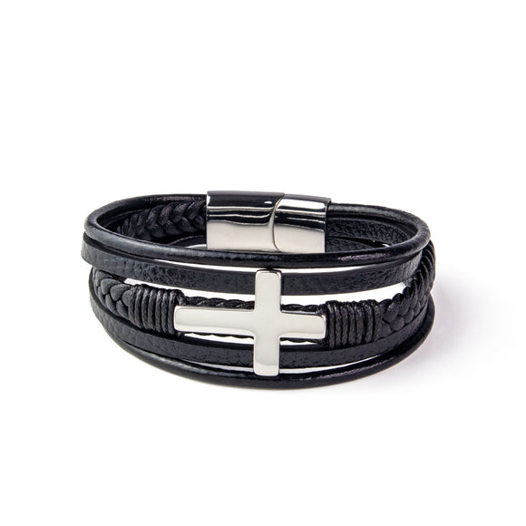 Leather Multi-Band Bracelet with Silver Color Cross