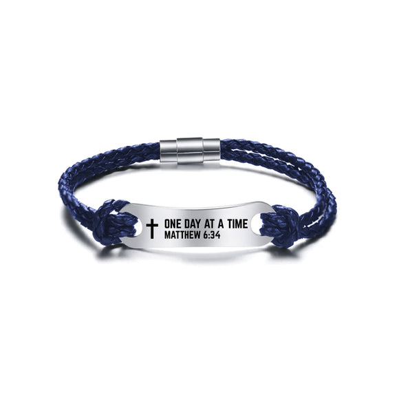 Identified in Christ ID Bracelet Navy Blue Cord – One Day at a Time, Matthew 6:34