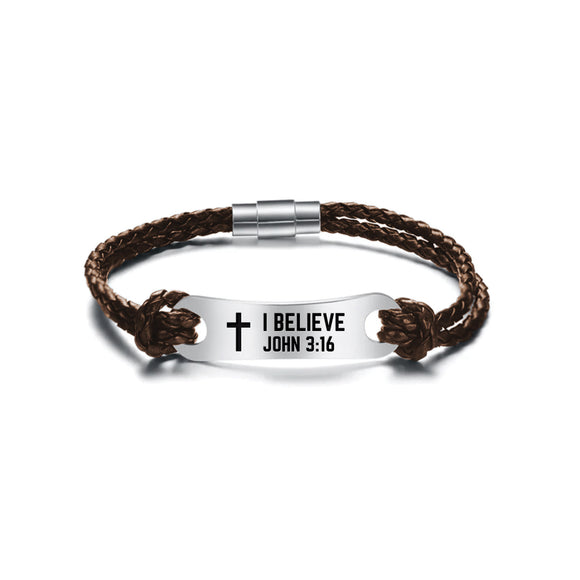 Identified in Christ ID Bracelet Brown Cord – I Believe, John 3:16