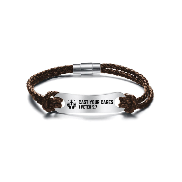 Identified in Christ ID Bracelet Brown Cord – Cast your cares on him, 1 Peter 5:7