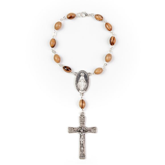 Miraculous Medal, Holy Land Olive Wood Pocket Auto Rosary, Made in Bethlehem