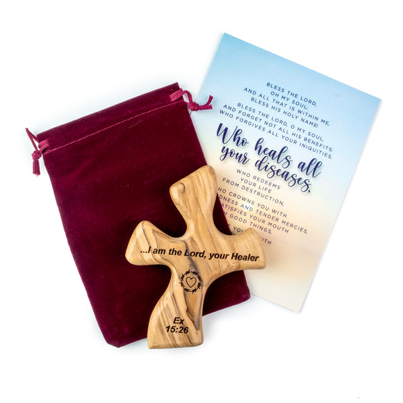 Olive Wood Clinging Cross, I am the Lord your Healer
