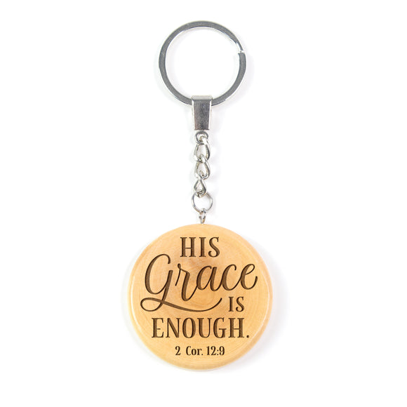 Olive Wood Keychain – His Grace is Enough, 2 Cor 12:9