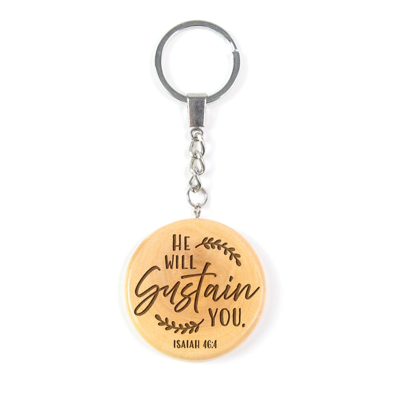 Olive Wood Keychain – He Will Sustain You, Isaiah 46:4