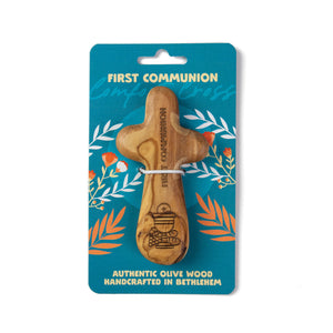 Laser Engraved Olive Wood Comfort Cross, First Communion