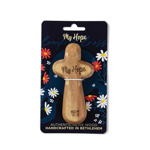 Laser Engraved Olive Wood Comfort Cross, My Hope, Rom 15:13