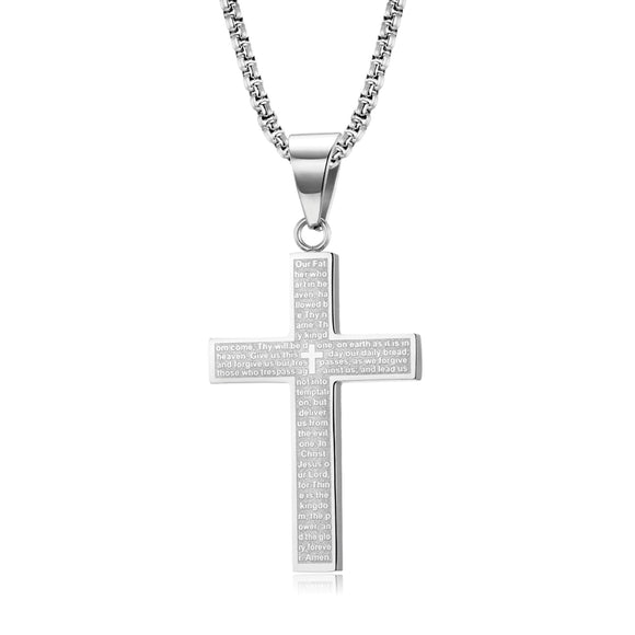 Our Father in Heaven Cross with 24 in Stainless Steel Chain – Silver Color