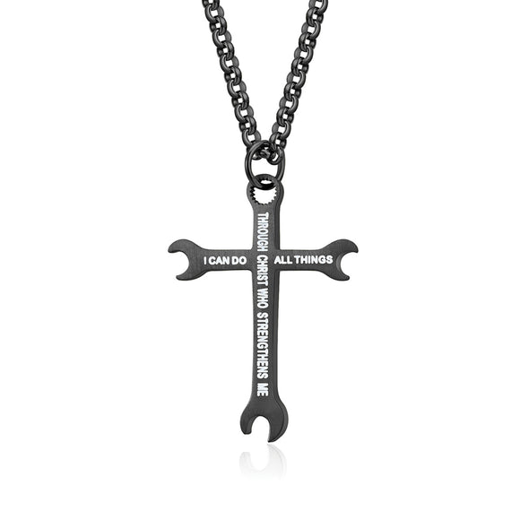 I Can Do All Things Wrench Cross with 24 in Stainless Steel Chain – Black Color