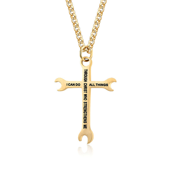 I Can Do All Things Wrench Cross with 24 in Stainless Steel Chain – Gold Color