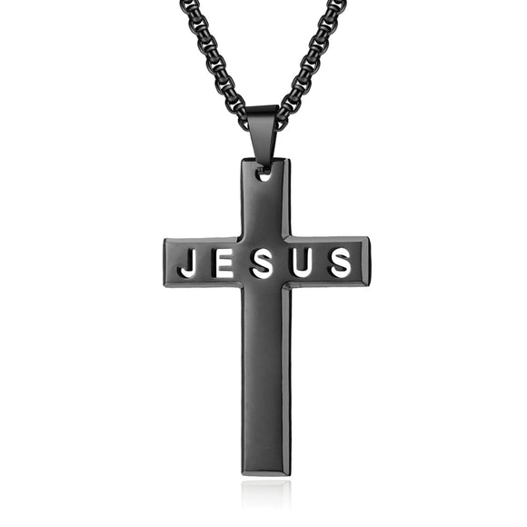 Jesus Cross with 24 in Stainless Steel Chain – Black Color