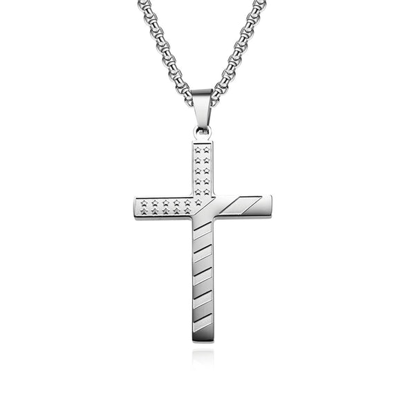 Flag Cross with 24 in Stainless Steel Chain – Silver Color
