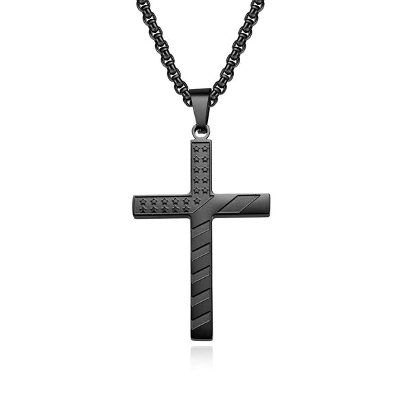 Flag Cross with 24 in Stainless Steel Chain – Black Color