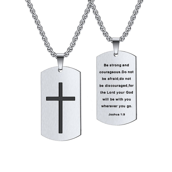 Strong and Courageous Dog Tag with 24 in Stainless Steel Chain – Silver Color
