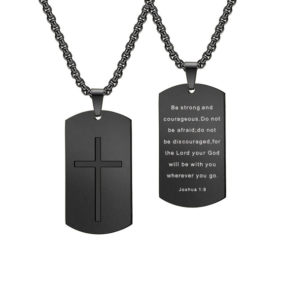 Strong and Courageous Dog Tag with 24 in Stainless Steel Chain – Black Color