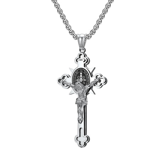St Benedict Crucifix with 24 in Stainless Steel Chain – Silver Color