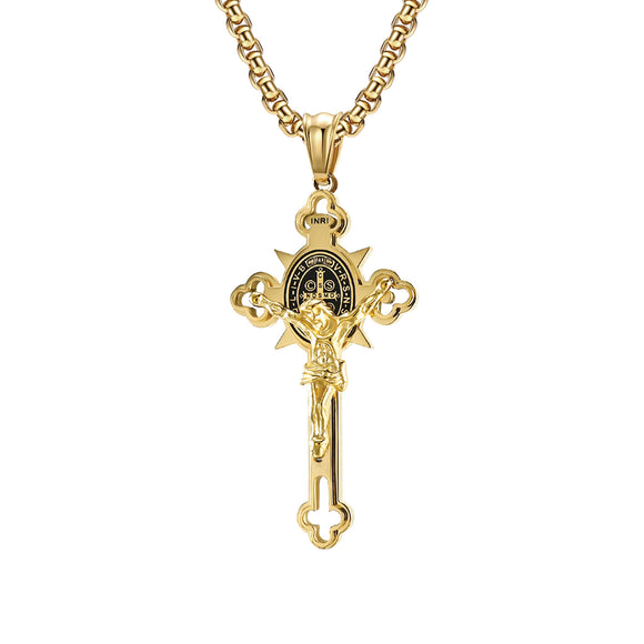St Benedict Crucifix with 24 in Stainless Steel Chain – Gold Color