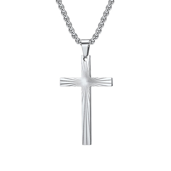 Sunburst Cross with 24 in Stainless Steel Chain – Silver Color
