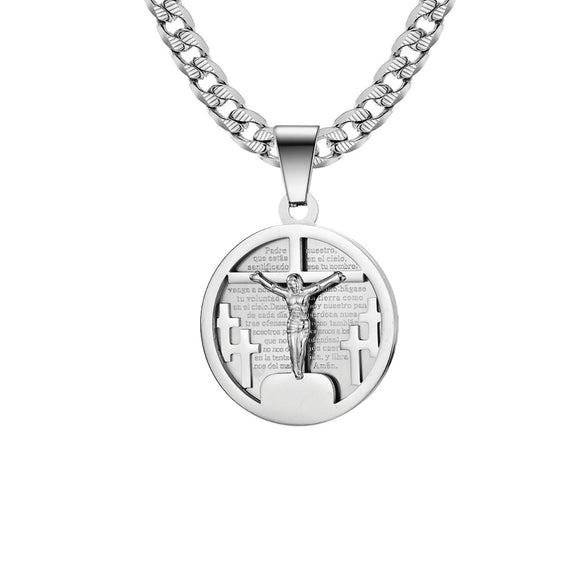 Our Father Spanish Crucifix Medallion with 24 in Stainless Steel Chain – Silver Color
