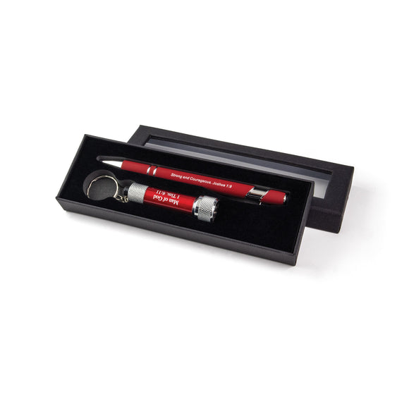 Strong and Courageous Scripture Pen and Flashlight Set - Maroon/Red