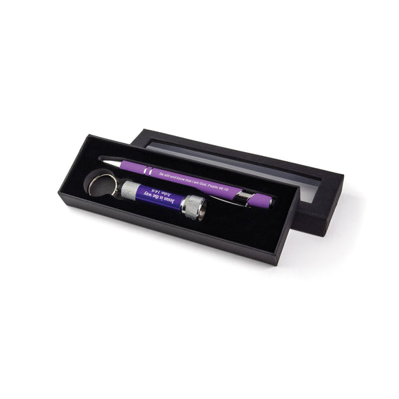 Be Still and Know Scripture Pen and Flashlight Set - Purple/Purple