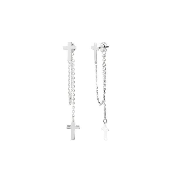 Sterling Silver Chain Earrings, Solid Cross with Dangling Solid Cross