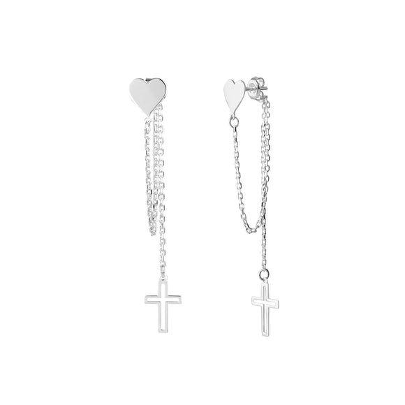 Sterling Silver Chain Earrings, Solid Heart with Dangling Open Cross