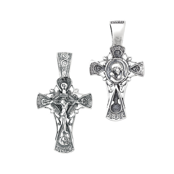 Intricate Crucifix with Mary and Infant Antiqued Sterling Silver Pendant
