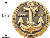 Front of the Anchored in Christ Antique Gold Plated Christian Challenge Coin with size diameter