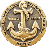 Front: Anchor with text, "Anchored in Christ" / "The Lord is my rock, my shield, my salvation, my stronghold." / "Psalms 18:2"
