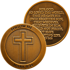 front and back of Follow Me Antique Gold Plated Christian Challenge Coin