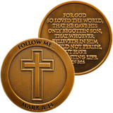 front and back of Follow Me Antique Gold Plated Christian Challenge Coin