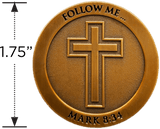 Follow Me Antique Gold Plated Christian Challenge Coin measured to show size diameter