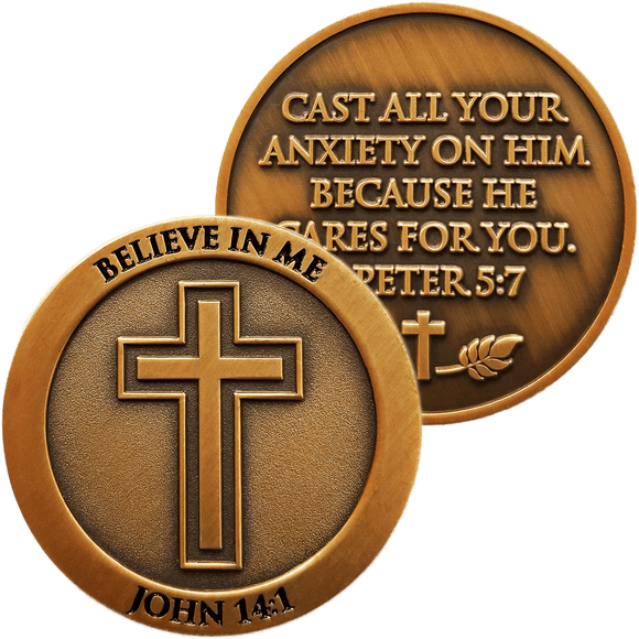 Front and back of Don't Be Anxious Antique Gold Plated Christian Challenge Coin