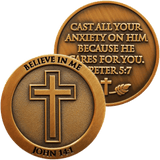 Front and back of Don't Be Anxious Antique Gold Plated Christian Challenge Coin