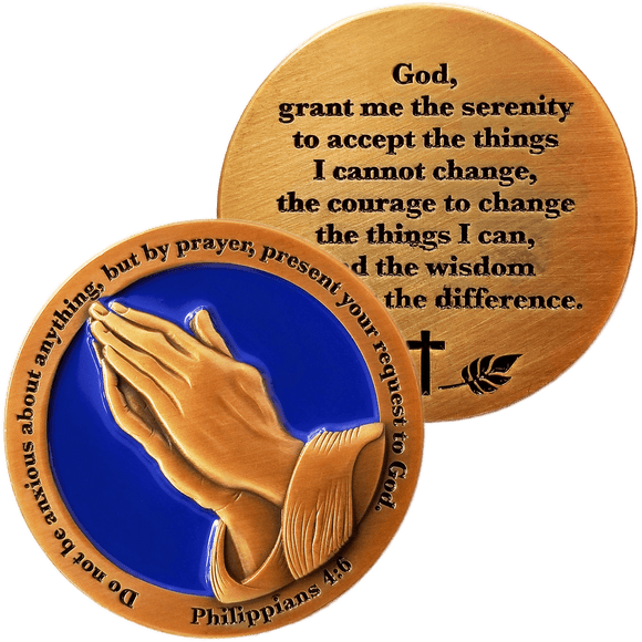 Front and back of Serenity Prayer Antique Gold Plated Christian Challenge Coin