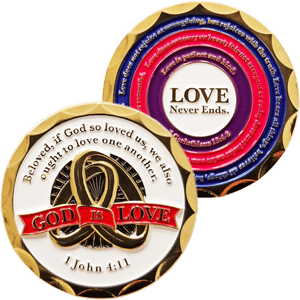 Front and back of God is Love Gold Plated Christian Challenge Coin