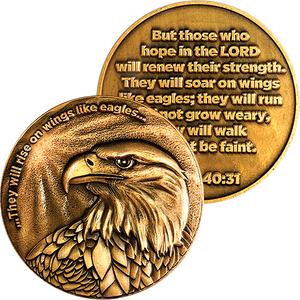 Front and back of Christian Eagle Antique Gold Plated Challenge Coin