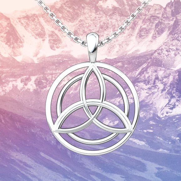Trinity Sterling Silver Pendant with 18 inch chain with purple mountain background