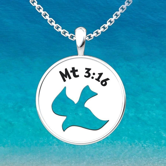 Holy Spirit Dove Sterling Silver Pendant with 18 inch with an ocean background