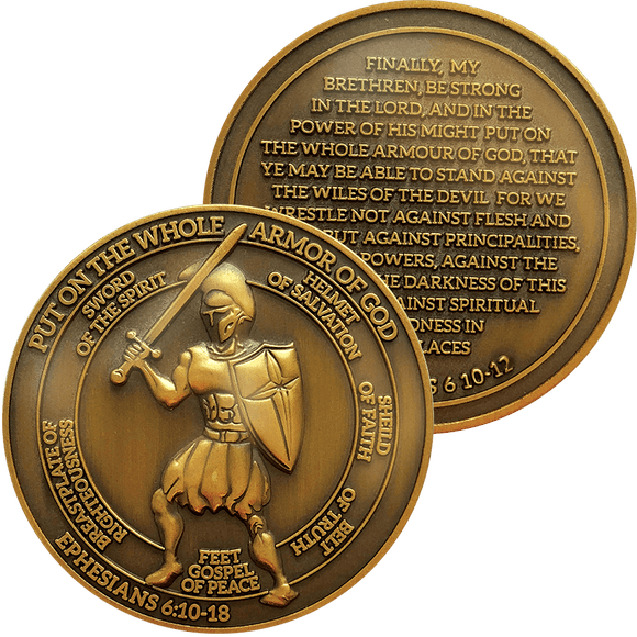 Front and back of Armor of God Antique Gold Plated Christian Challenge Coin 