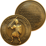 Front and back of Armor of God Antique Gold Plated Christian Challenge Coin 
