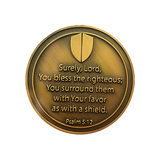 back of The Lord's Favor As a Shield Antique Gold Plated Challenge Coin